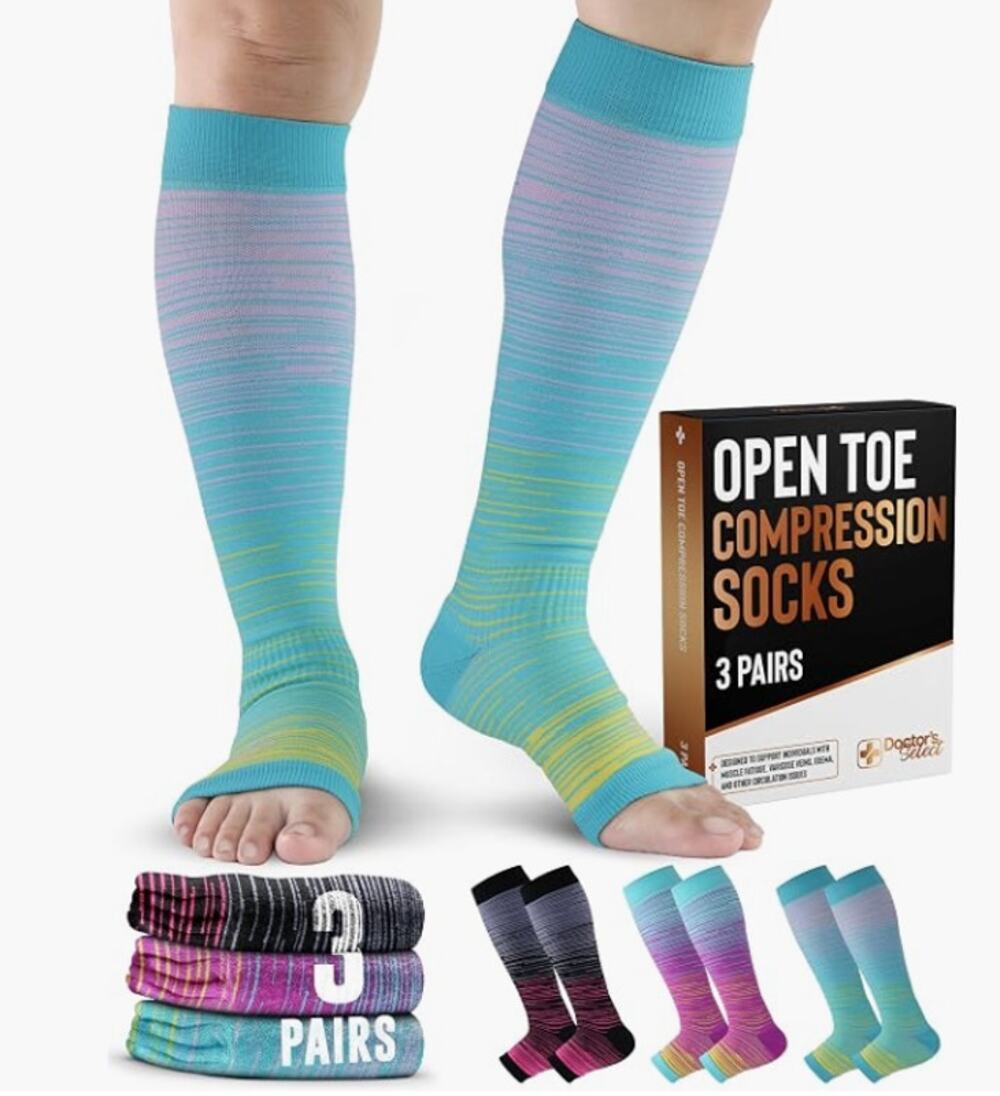 Doctors Select 3 Pairs Copper Toeless Compression Socks Open Toe Knee High L/XL